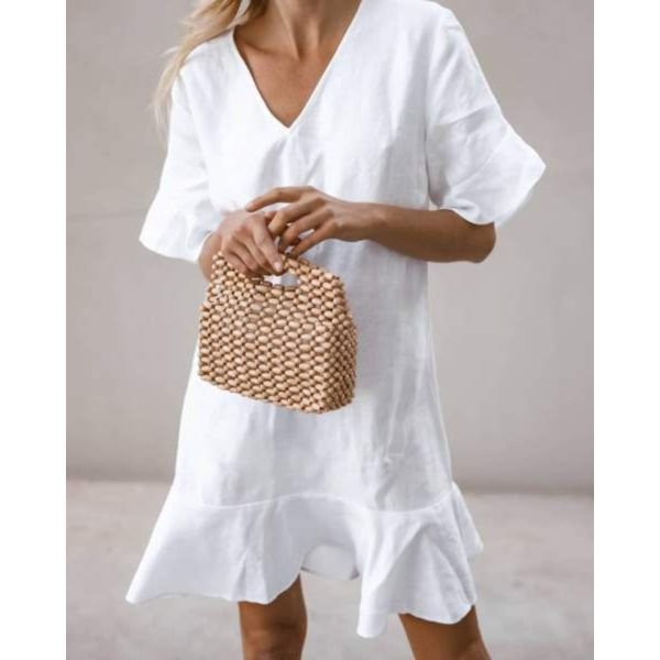 White Plain Ruffle Cuff And Hem Short Sleeve Mini Dress