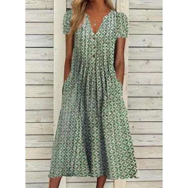 Green Garden Retro Print Pocket Prairie Dress