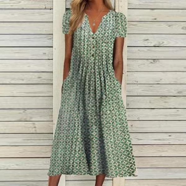 Green Garden Retro Print Pocket Prairie Dress