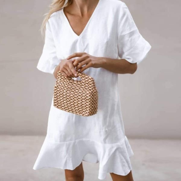 White Plain Ruffle Cuff And Hem Short Sleeve Mini Dress