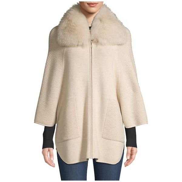 Fox Fur Collar Ottoman Ribbed Cashmere Cardigan