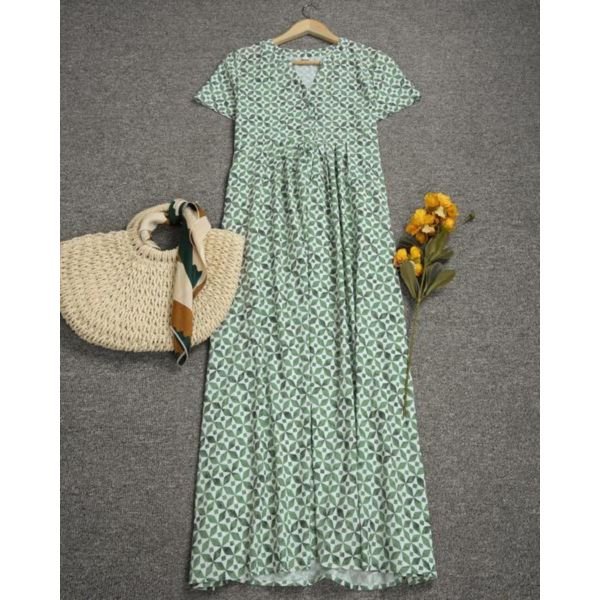 Green Garden Retro Print Pocket Prairie Dress