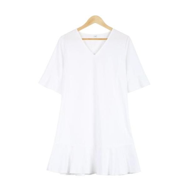 White Plain Ruffle Cuff And Hem Short Sleeve Mini Dress