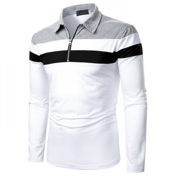 Men's Golf Shirt Striped Zipper Long Sleeve Street Tops Sportswear Casual Fashion Comfortable White